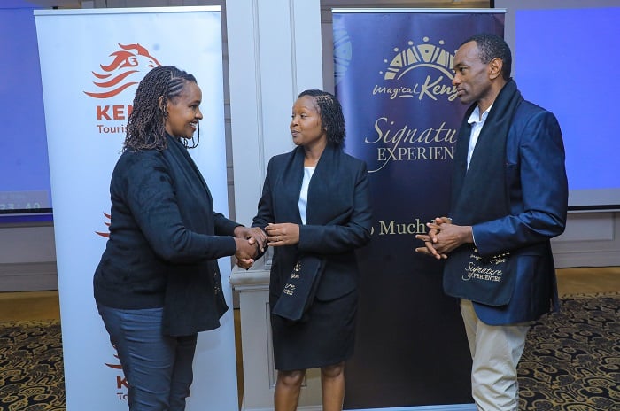 (R-L) KTB Chairman Francis Gichaba in dicussion with the CEO KTB June Chepkemei and Scolar Muthamia from Nairobi Street Kitchen during an engagement meeting for affiliates of the Magical Kenya Signatures Program