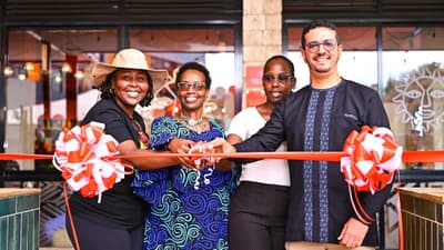 (l-r) Priscilla Gathungu, Group CEO, Java House; Lydia Ntimama, Landlord; Sintamei Lepore, representative of the Kenya National Chamber of Commerce and Industry Narok Chapter; and Abdusalam Salim Mohamed, Group CEO, Hass Petroleum, during the official lau